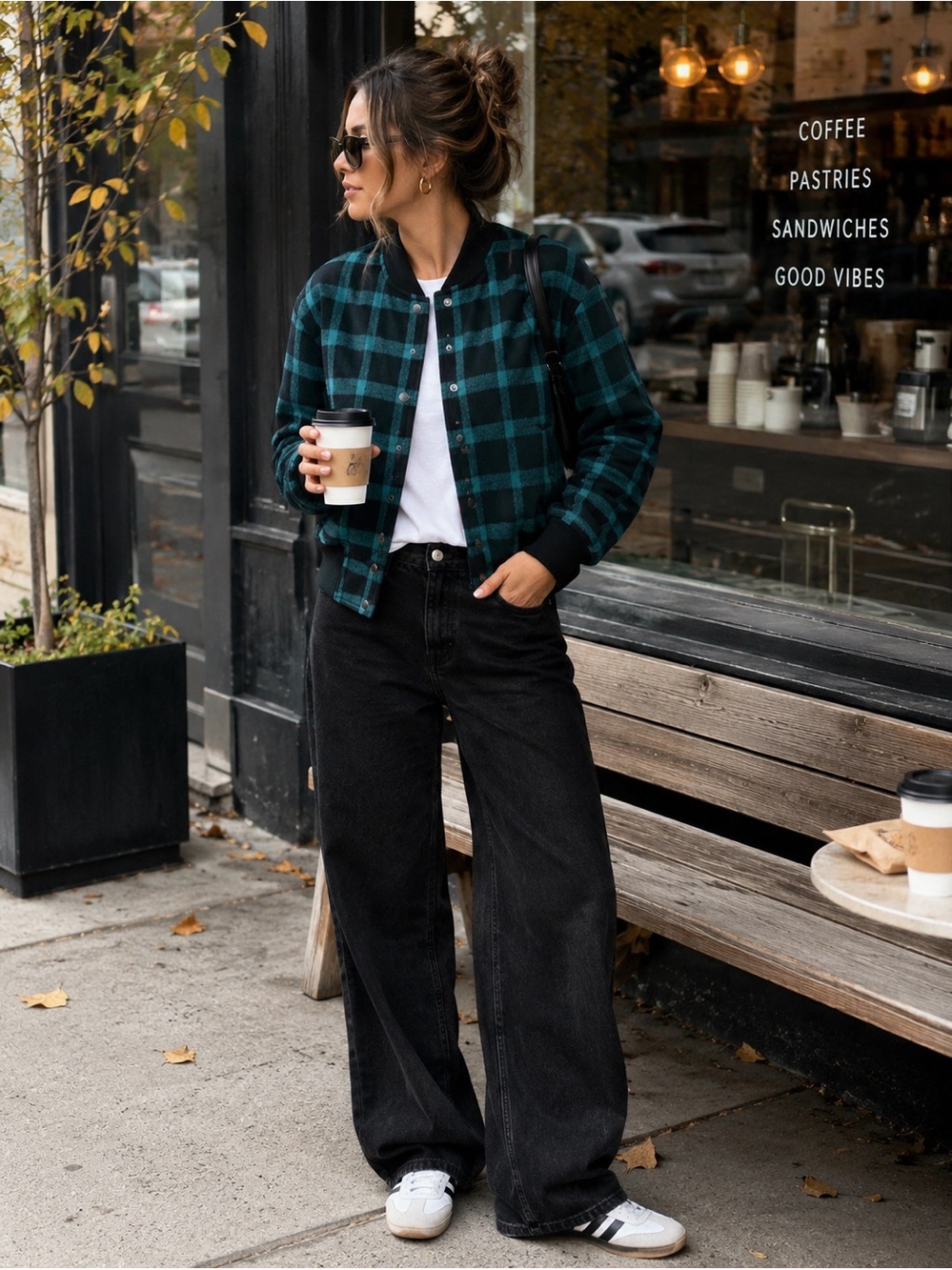 Kate Spade Saturday teal/black Plaid Bomber Wool blend Jacket-M
